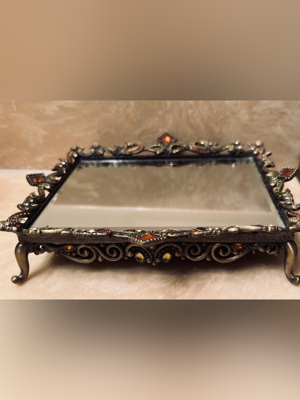 Ornate Decorative Vanity Tray with Mirror and Amber Accents